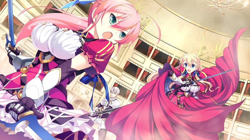 Two Girls with Swords — Pink, Dramatic, Anime, Castle Interior
