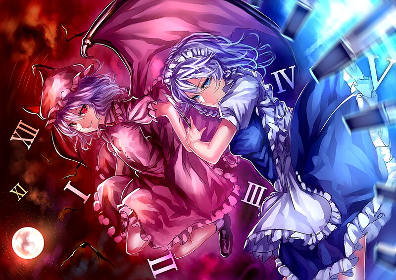 Two Girls with Swords — Purple, Dramatic, Night, Anime, Clock
