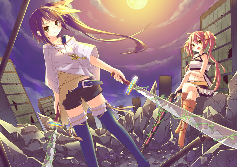 Two Girls with Swords — Purple, Dramatic, Night, Anime