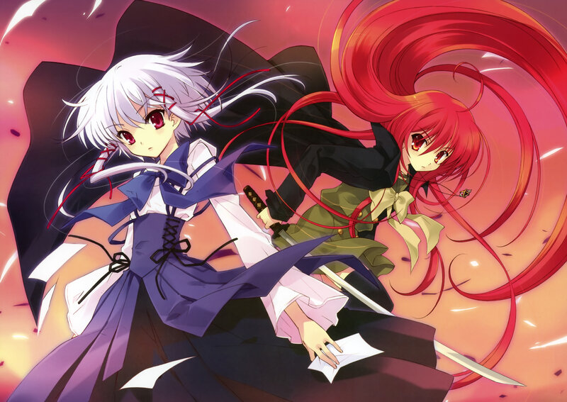 Two Girls with Swords — Red, Dramatic, Anime, Long Hair, Battle
