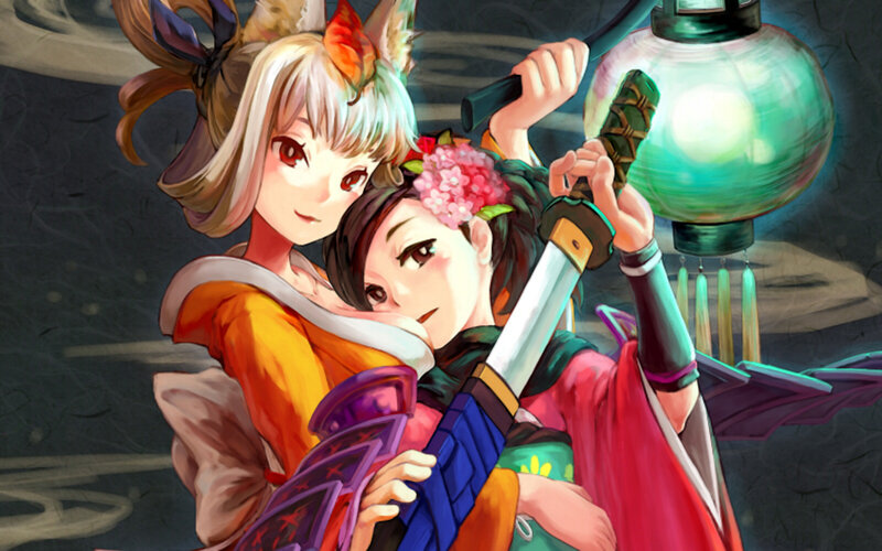Two Girls with Swords — Red, Dramatic, Night