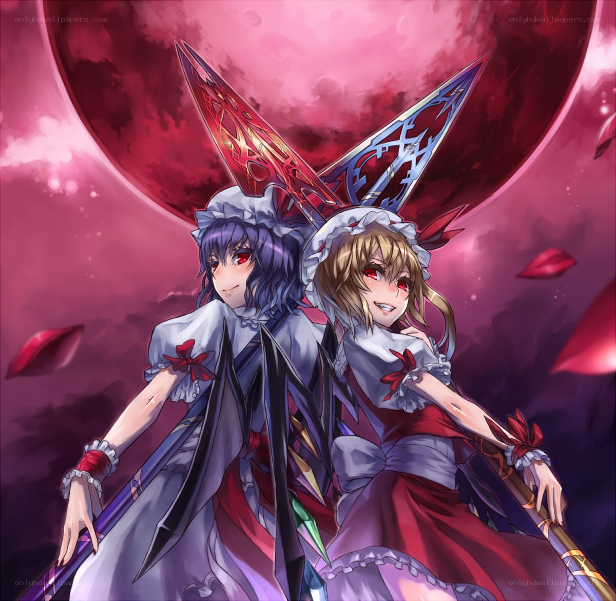 two girls with swords under red moon