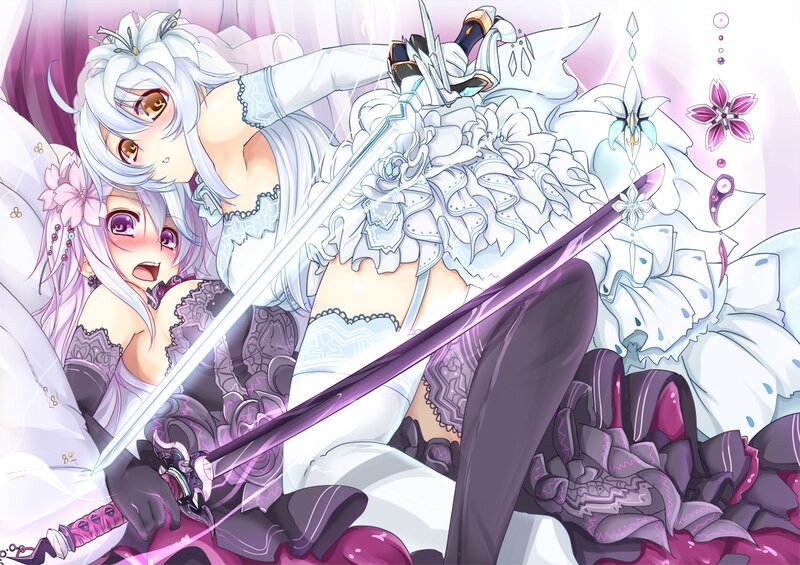 Two Girls with Swords — White, Dramatic, Anime, Flowers