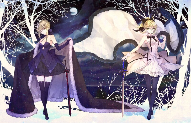 Two Girls with Swords — White, Dramatic, Night
