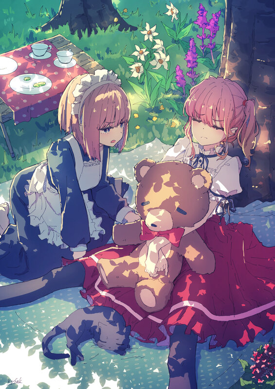 Two Girls with Teddy Bear — Green