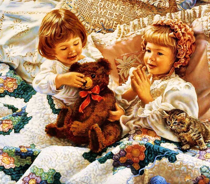 Two Girls with Teddy Bear — White, Peaceful