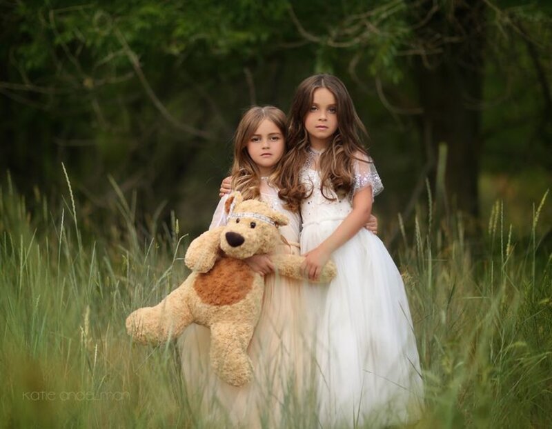 Two Girls with Teddy Bear — White, Serene