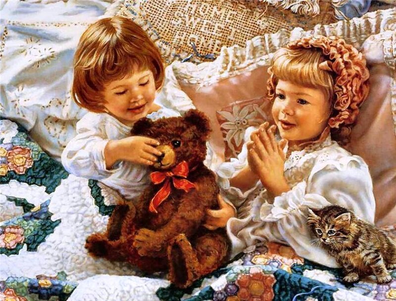 Two Girls with Teddy Bear — White