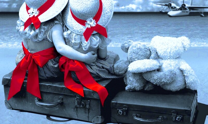 Two Girls with Teddy Bears — Blue