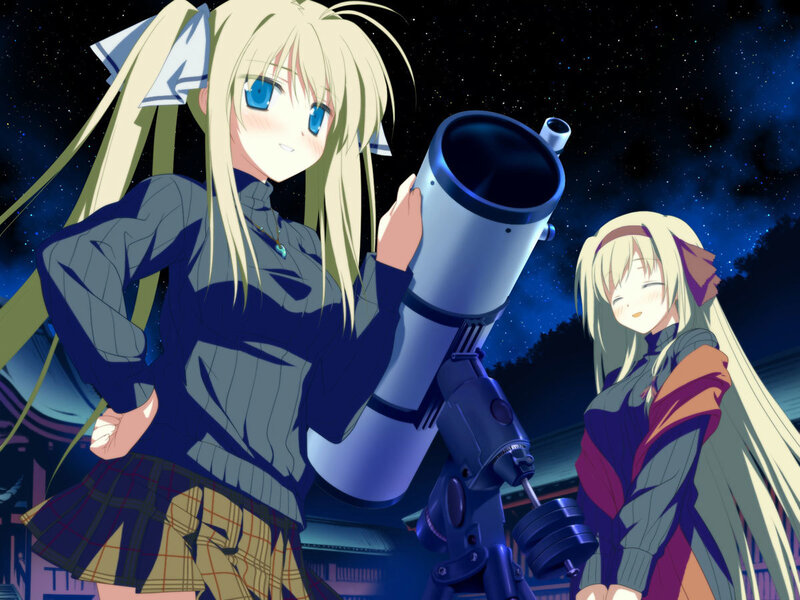 Two Girls with Telescope — Blue