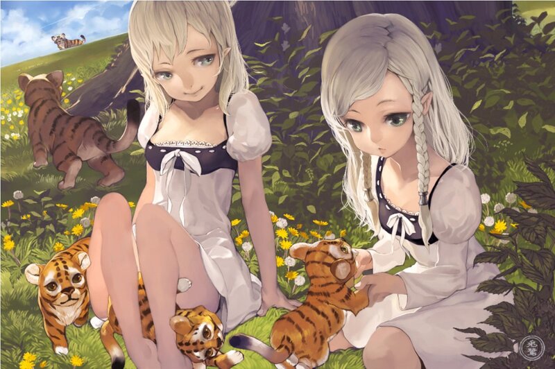 Two Girls with Tiger Cubs — Green