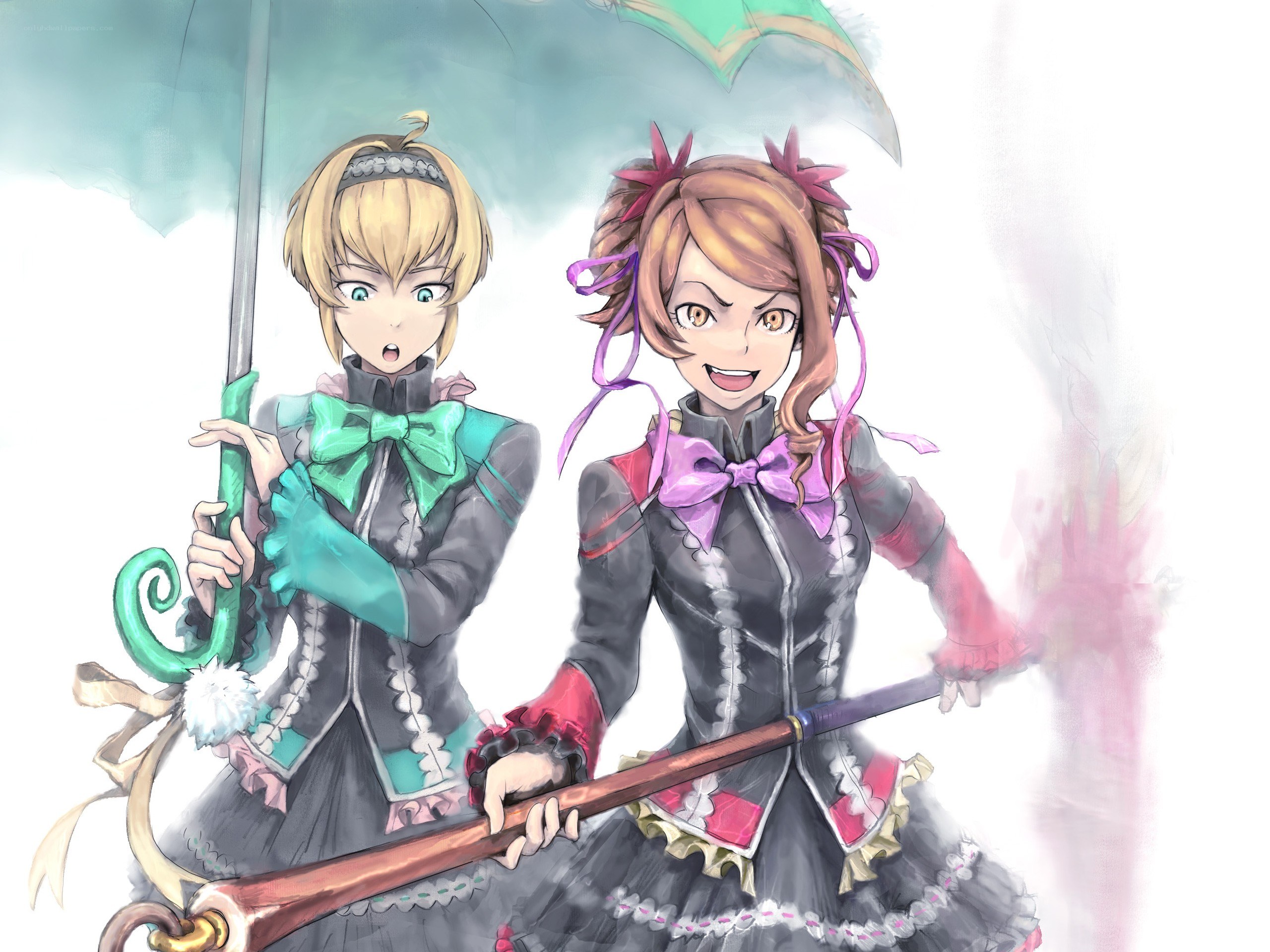 Two girls with umbrellas
