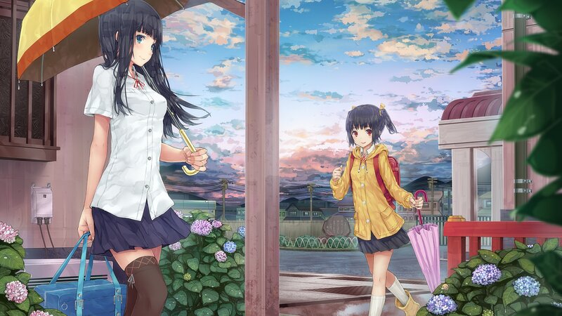 Two girls with umbrellas at dusk