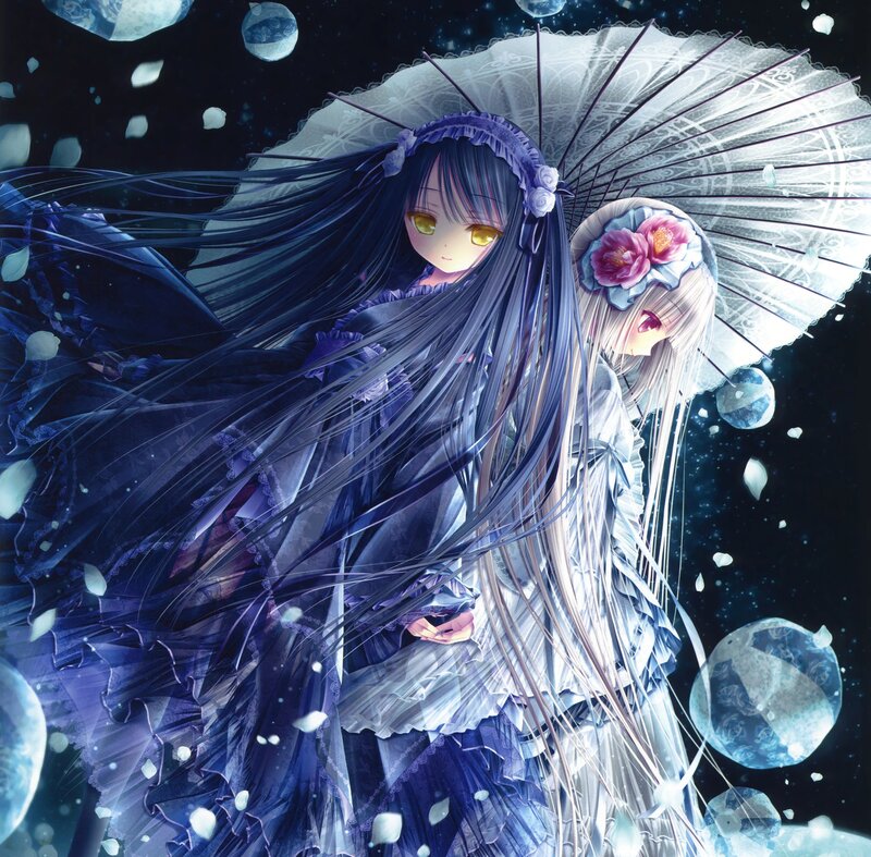 Two Girls with Umbrellas — Blue, Dreamy