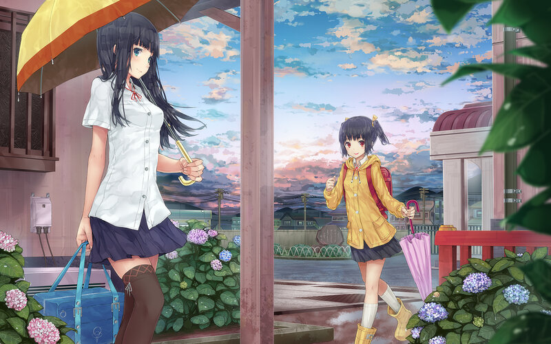 Two Girls with Umbrellas — Blue, Serene, Sunset