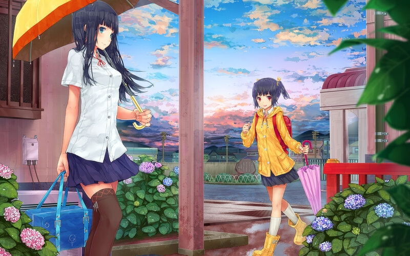 Two Girls with Umbrellas — Blue, Serene