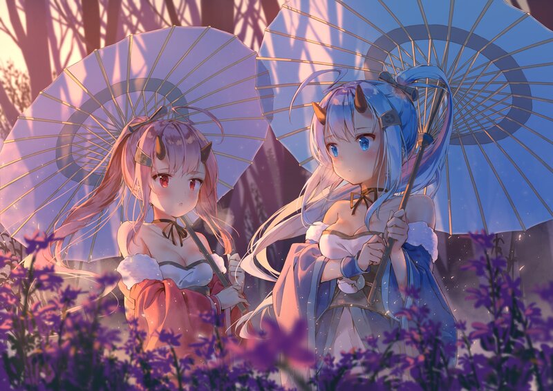 Two Girls with Umbrellas — Purple