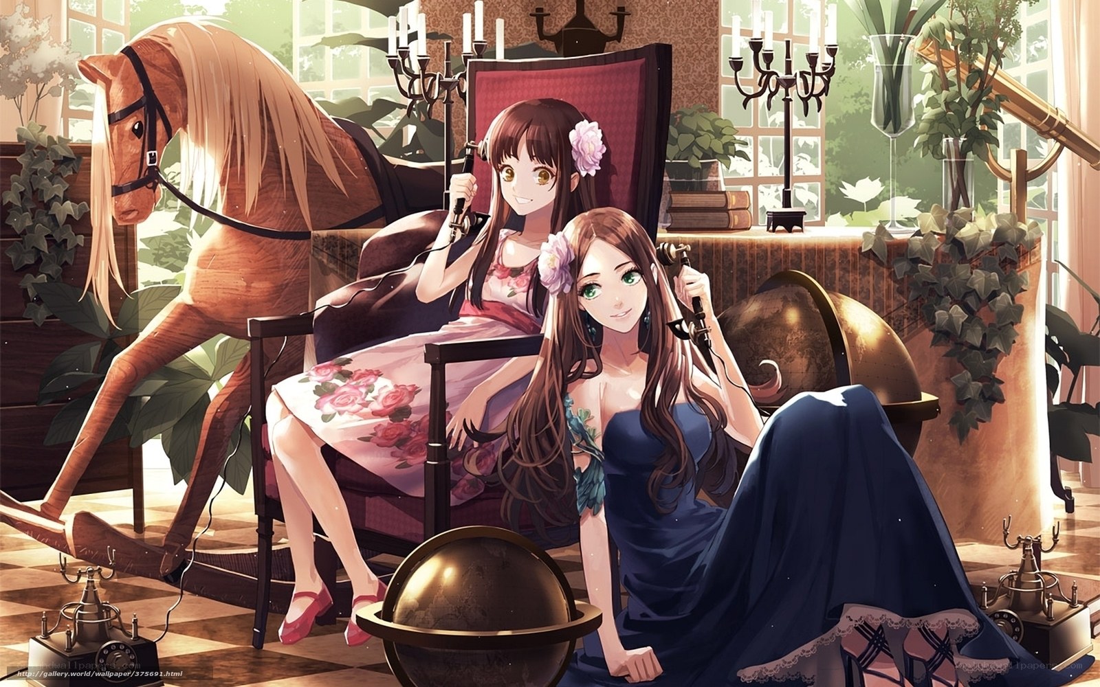 Two girls with vintage phones