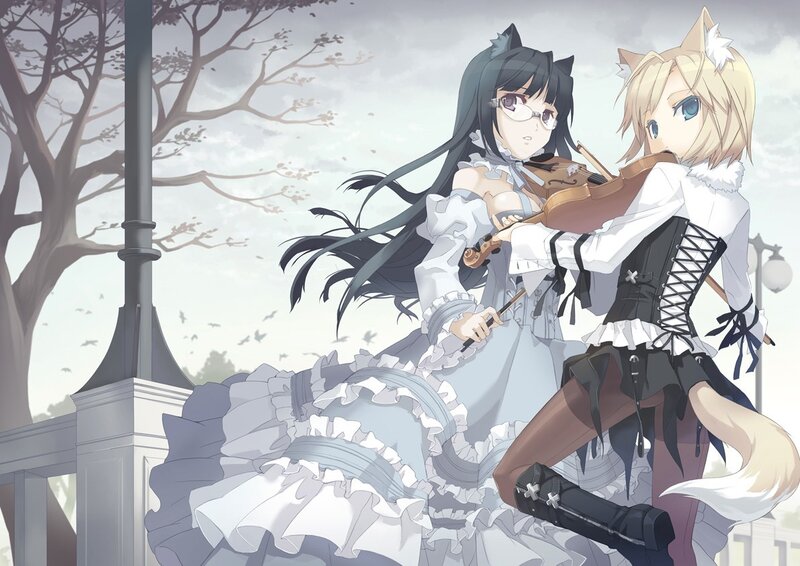 Two girls with violins in a park