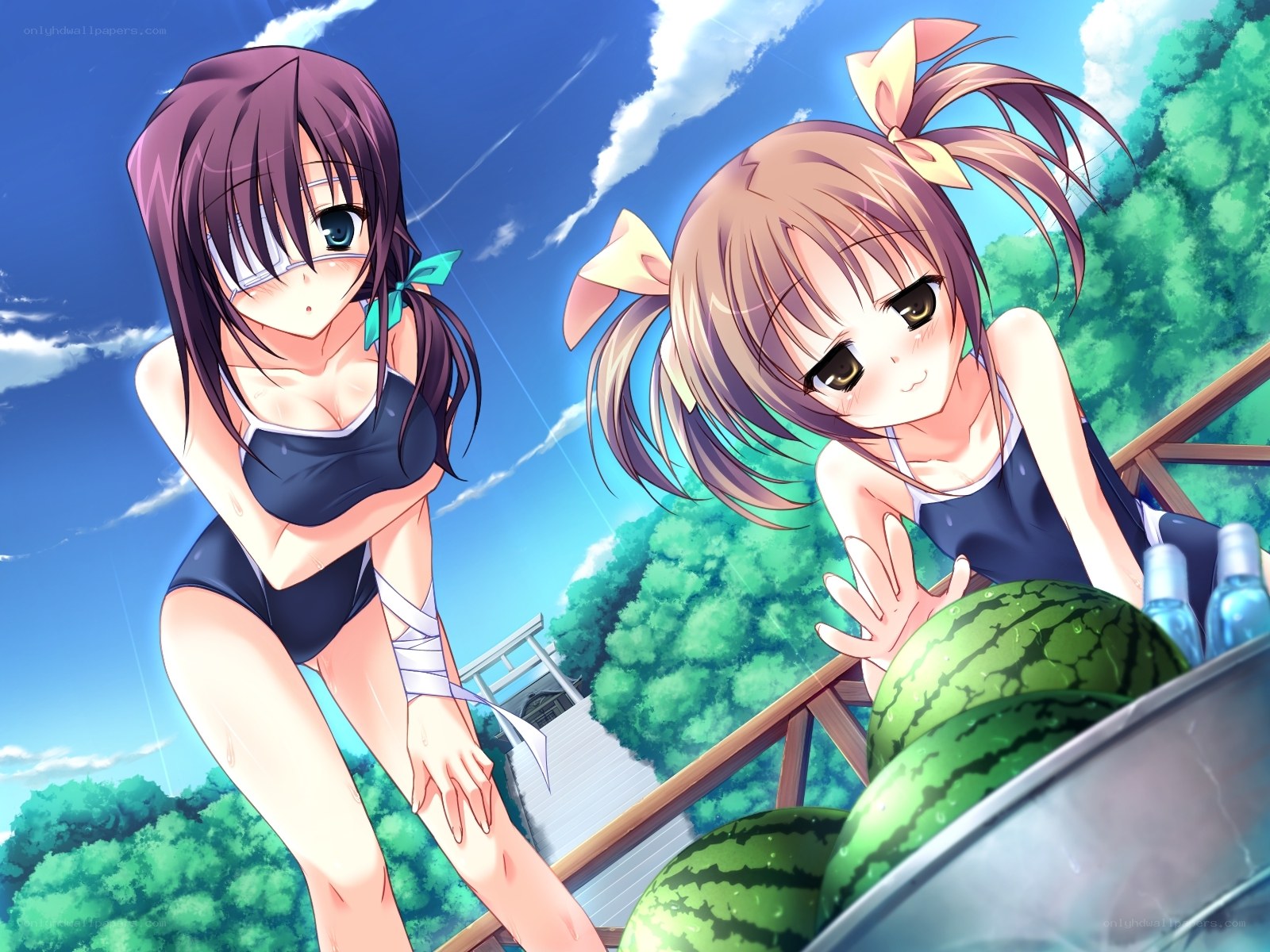 Two girls with watermelons