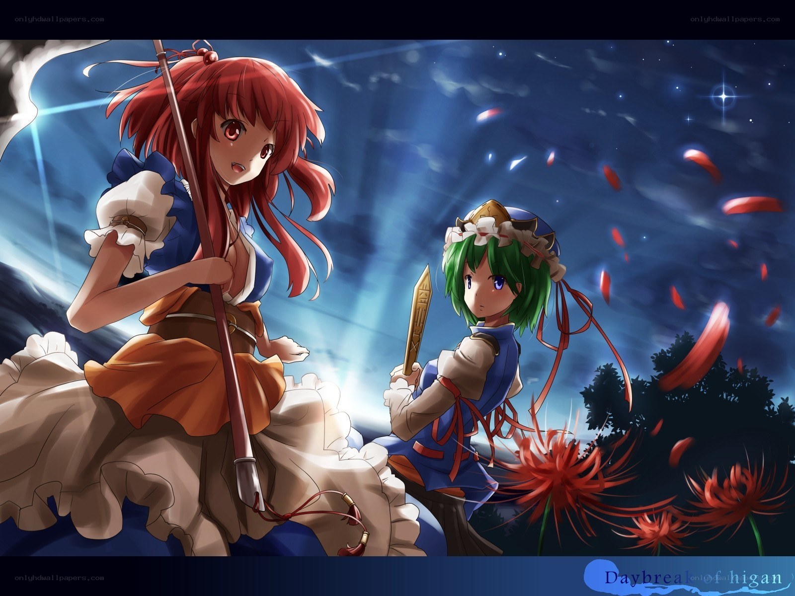 Two girls with weapons at night