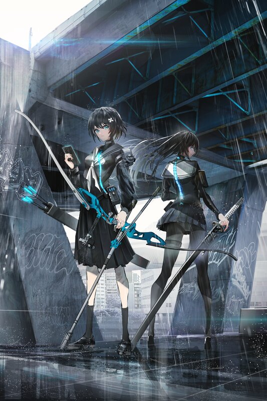 Two Girls with Weapons — Black, Dramatic, Digital Art