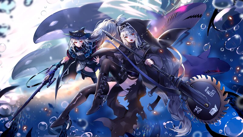 Two Girls with Weapons — Blue, Dramatic, Anime, Sharks