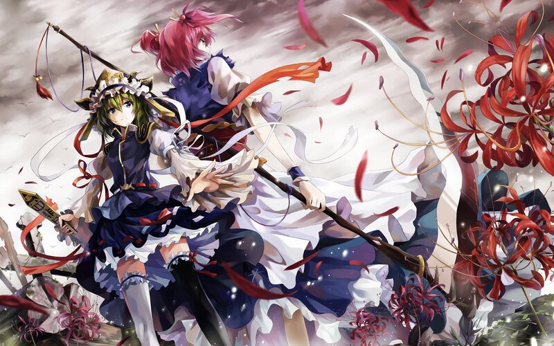Two girls with weapons in a flower field