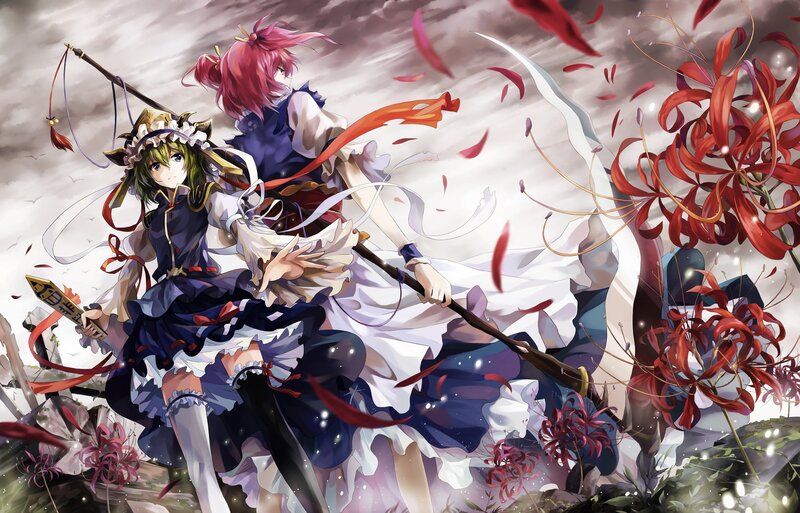 Two girls with weapons in a flower field