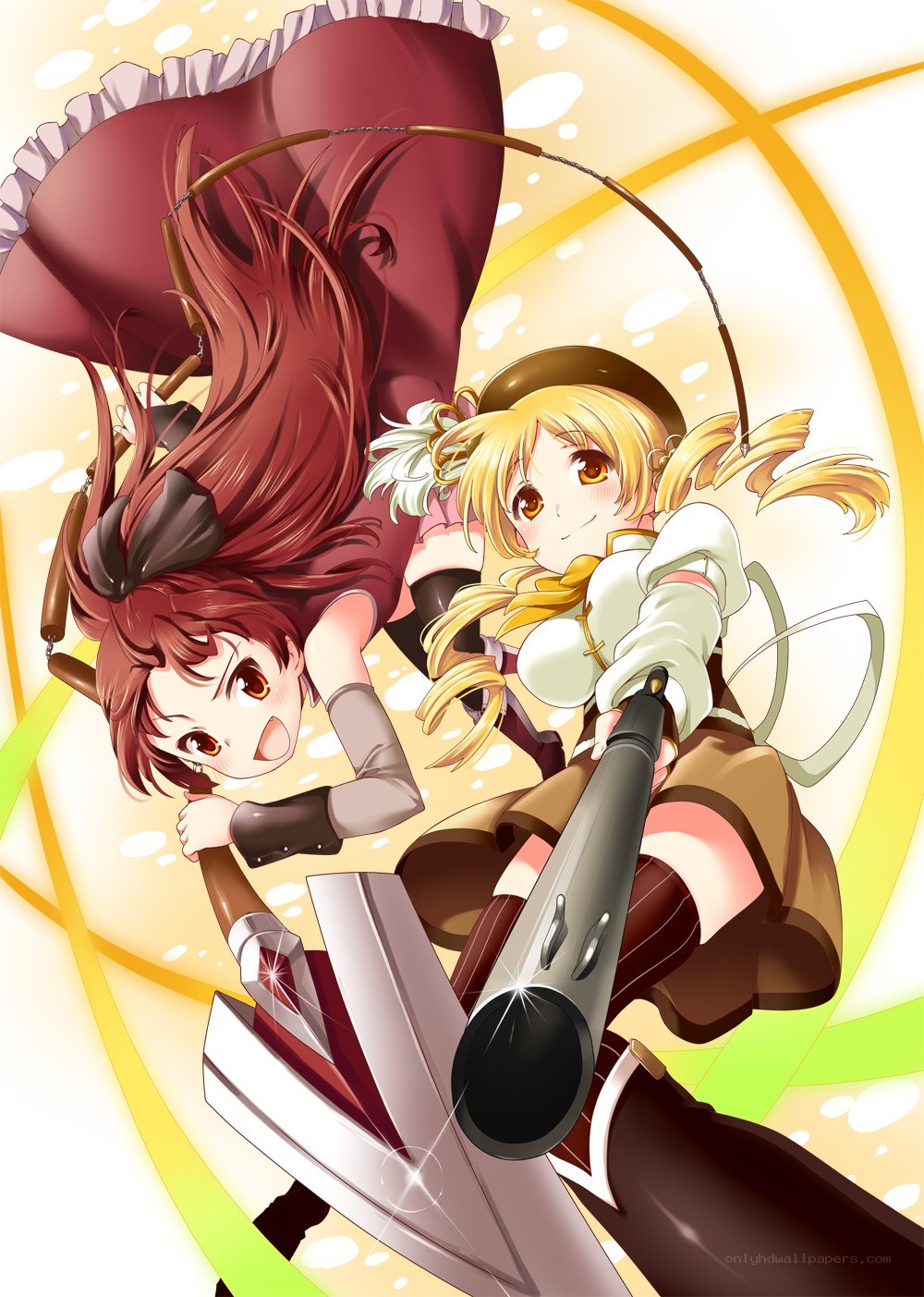 Two girls with weapons in action