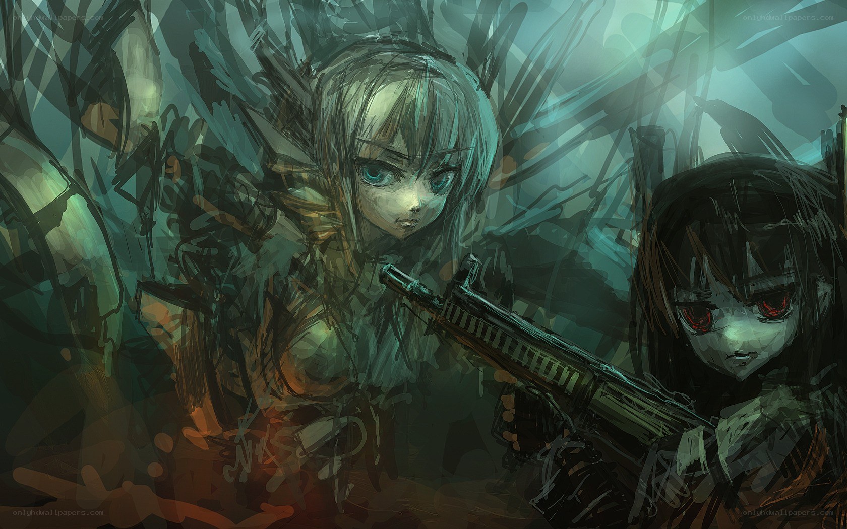 two girls with weapons in forest