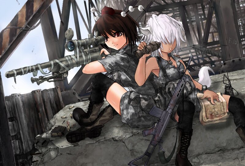 Two girls with weapons in ruins