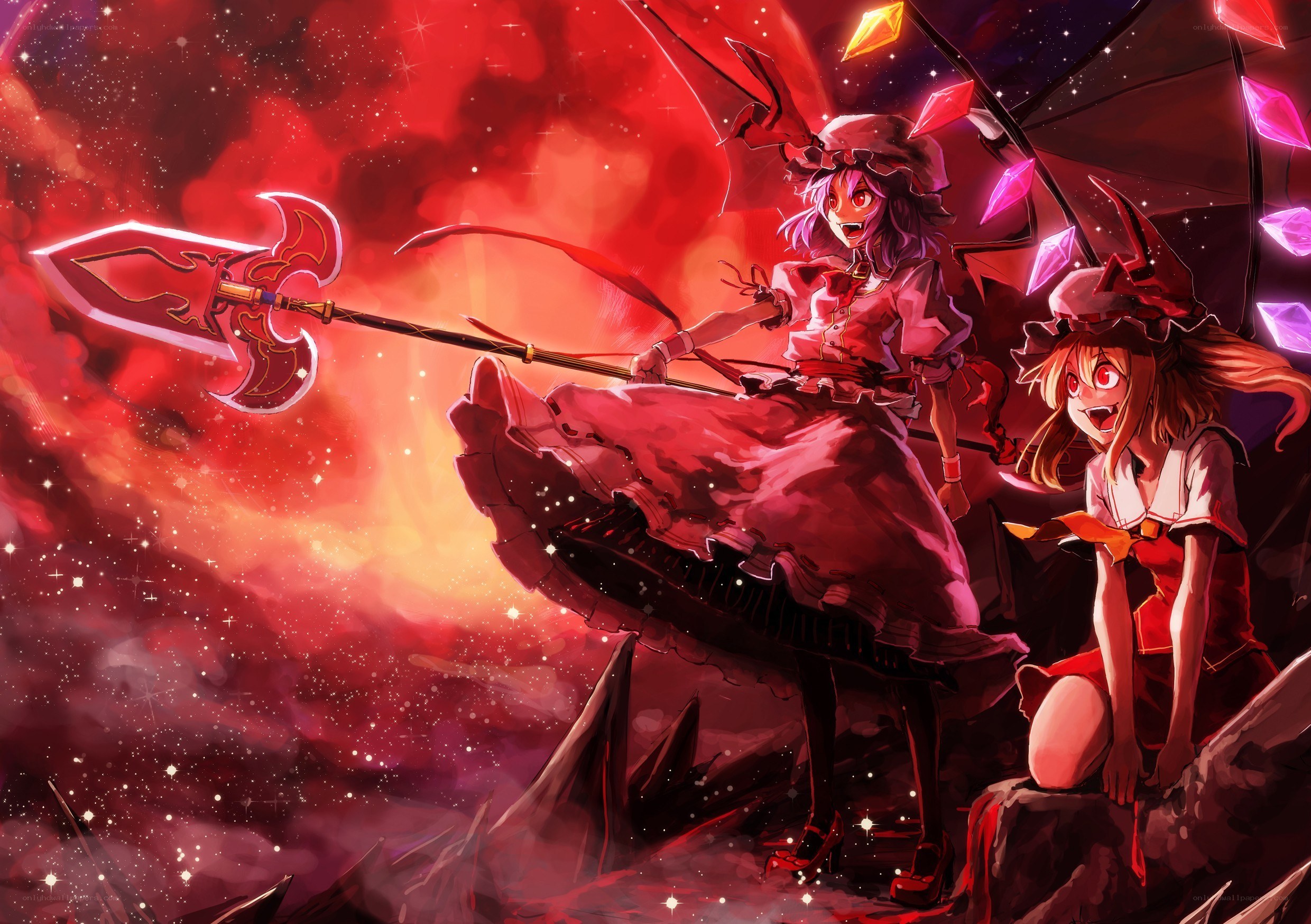 Two girls with weapons in space