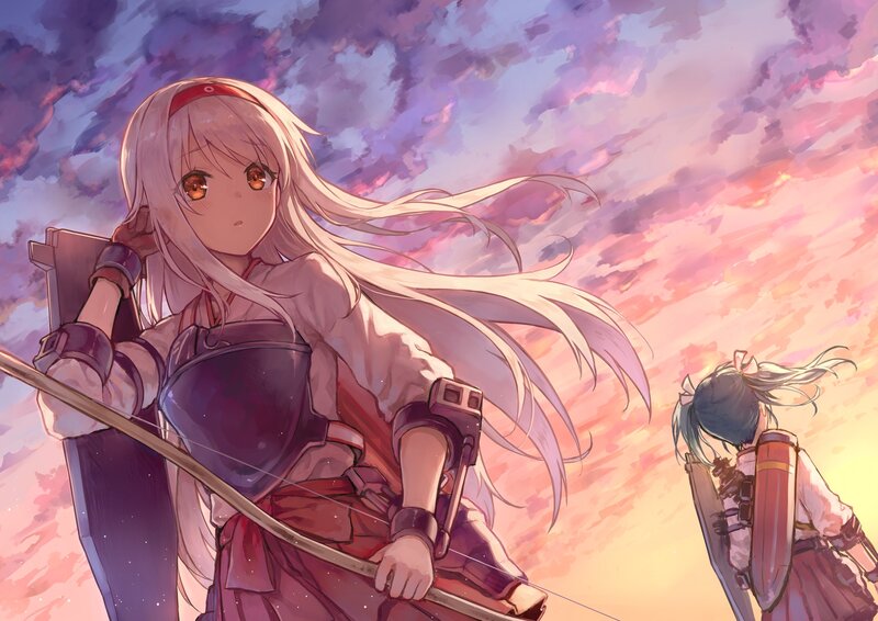 Two Girls with Weapons — Purple, Dramatic, Sunset