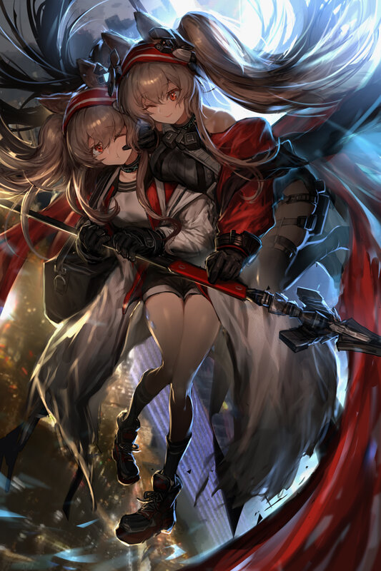 Two Girls with Weapons — Red, Dramatic, Digital Art