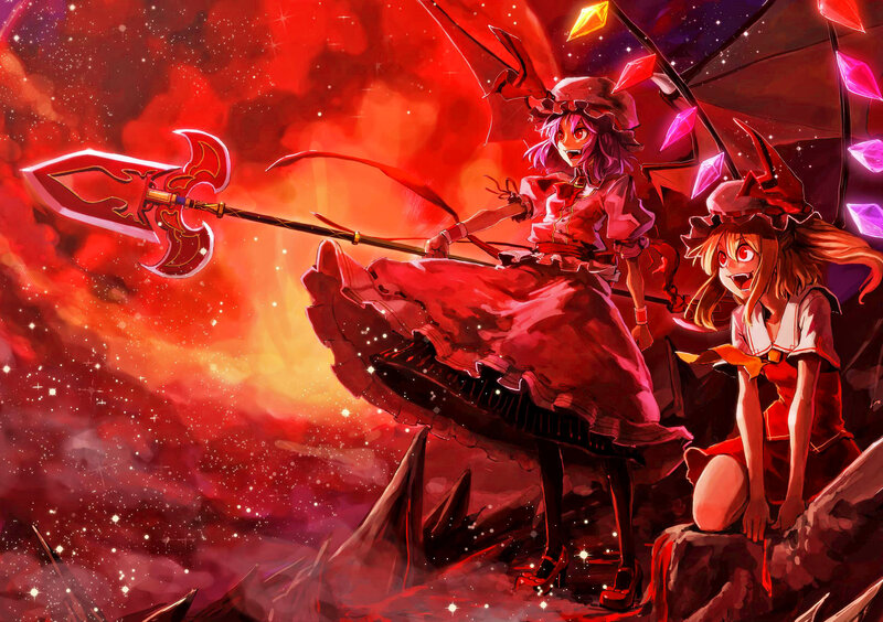 Two Girls with Weapons — Red, Dramatic, Night, Anime, Spear