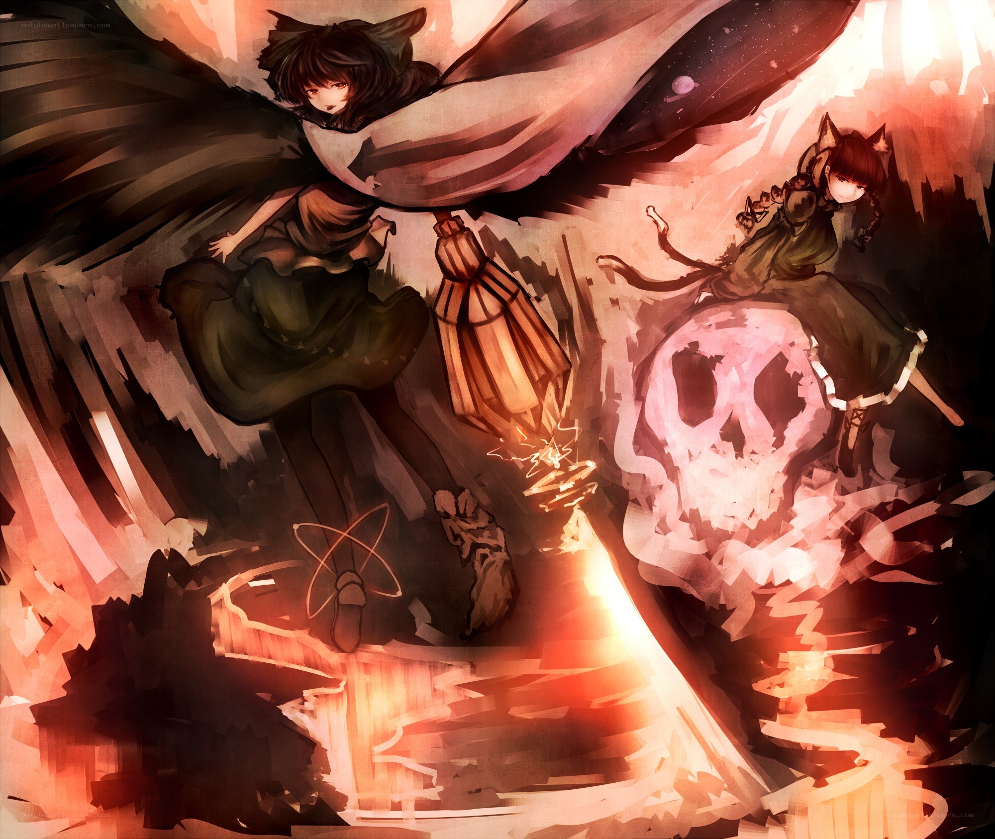 Two girls with wings and a skull