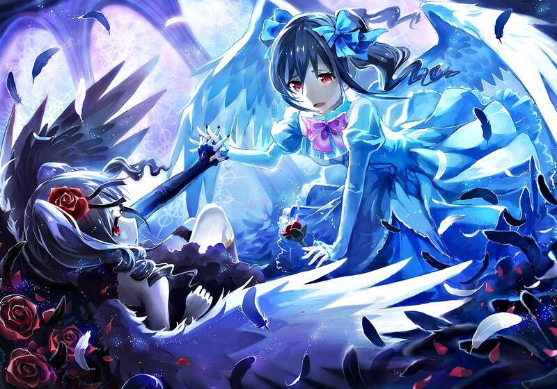 Two Girls with Wings — Blue, Dramatic, Digital Art