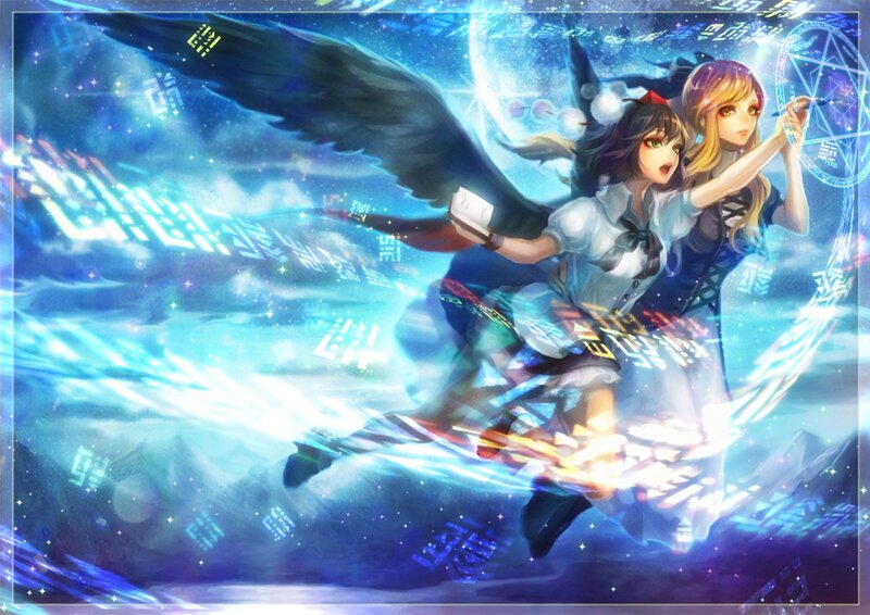 Two Girls with Wings — Blue, Dramatic, Night, Digital Art