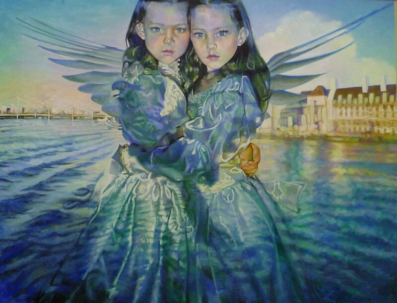 Two Girls with Wings — Blue, Dramatic, Sunset