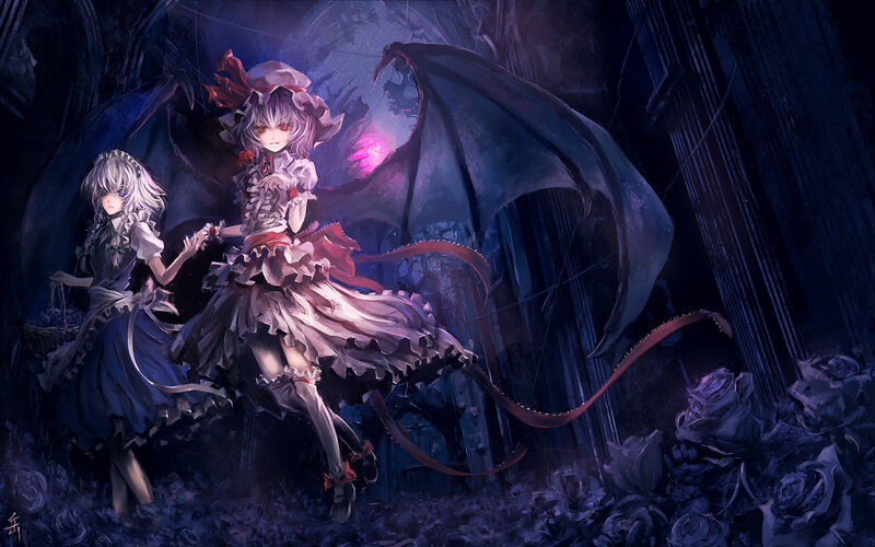 Two girls with wings in a dark garden