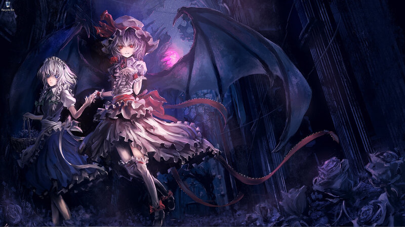 Two girls with wings in a dark garden