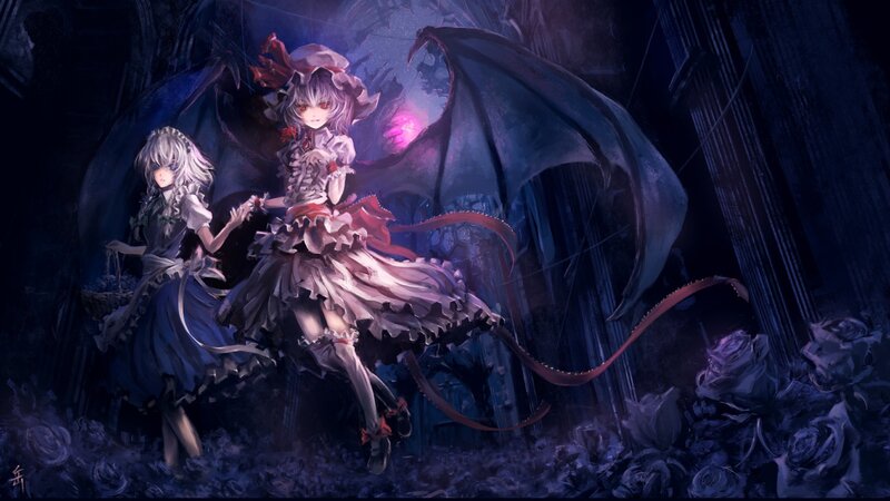 Two girls with wings in a dark garden