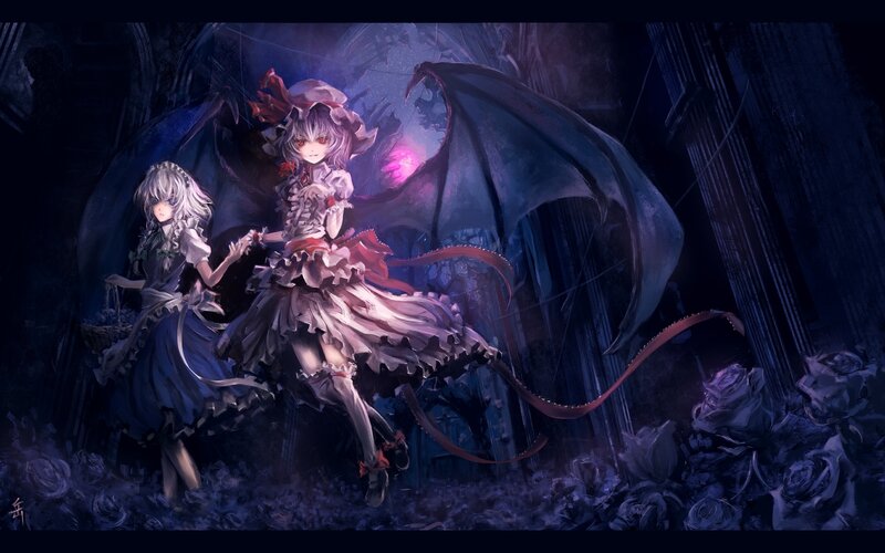 Two girls with wings in a dark garden