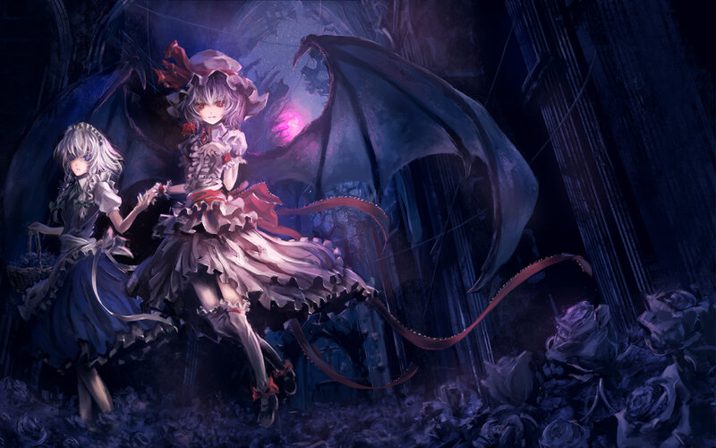 Two girls with wings in a dark garden
