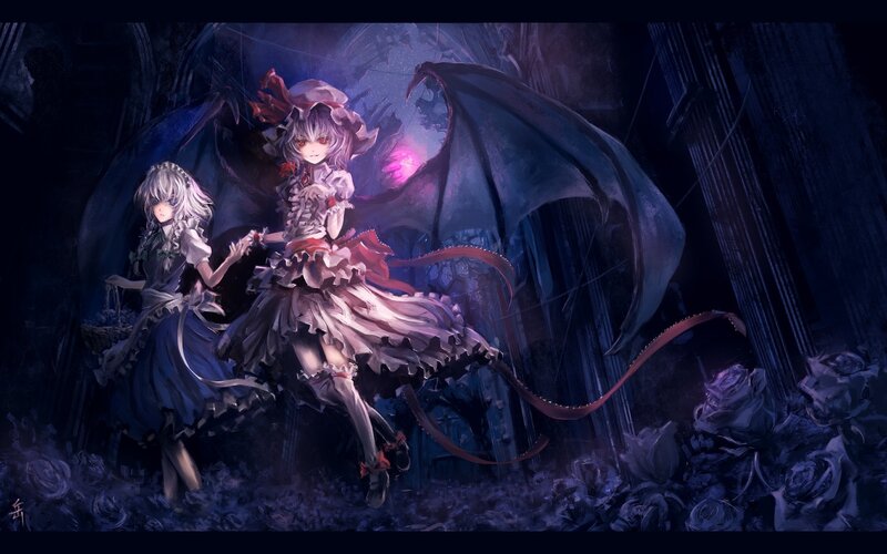 Two girls with wings in a dark hall