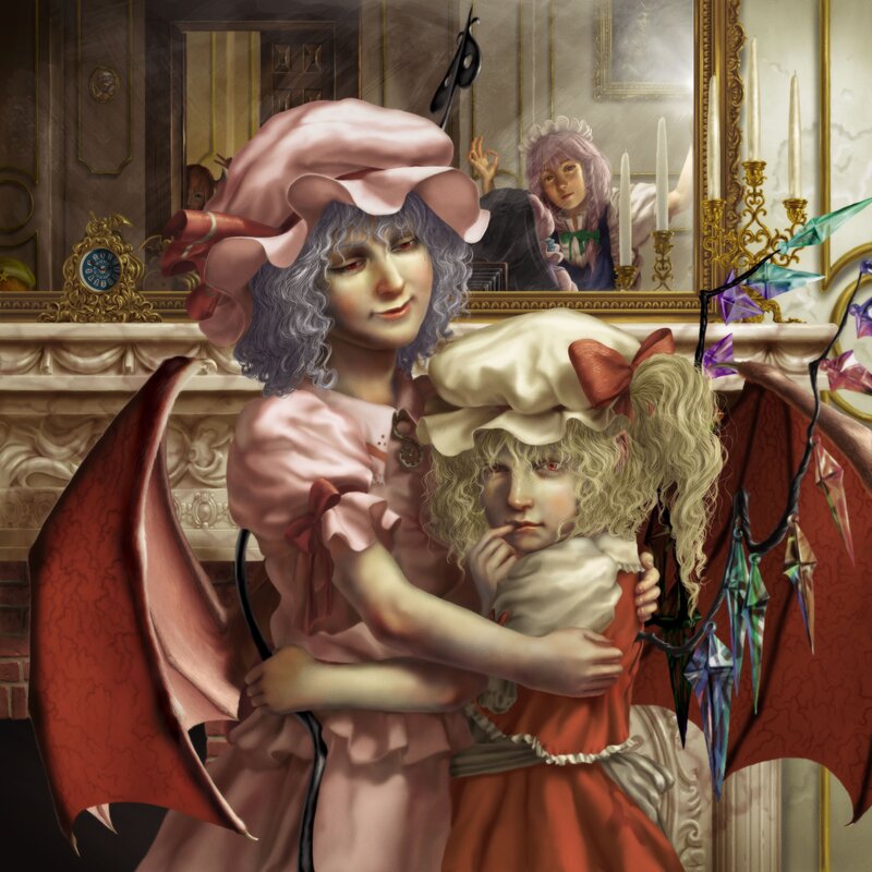 Two girls with wings in a room