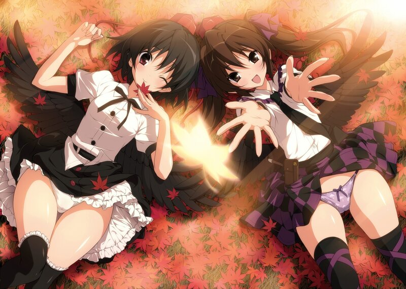 Two girls with wings in autumn leaves