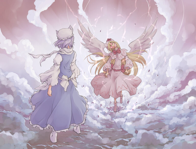 Two Girls with Wings — Purple, Dramatic, Anime, Clouds