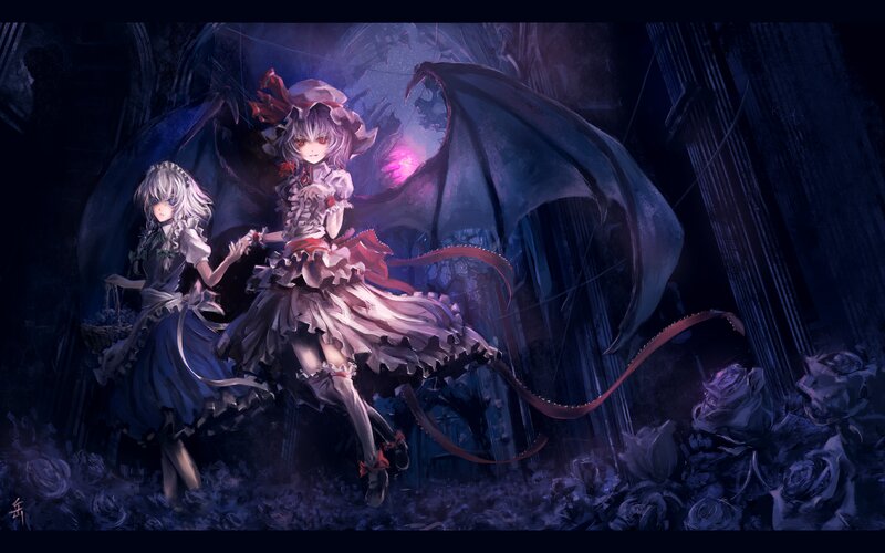 Two Girls with Wings — Purple, Dramatic, Night, Digital Art, Roses